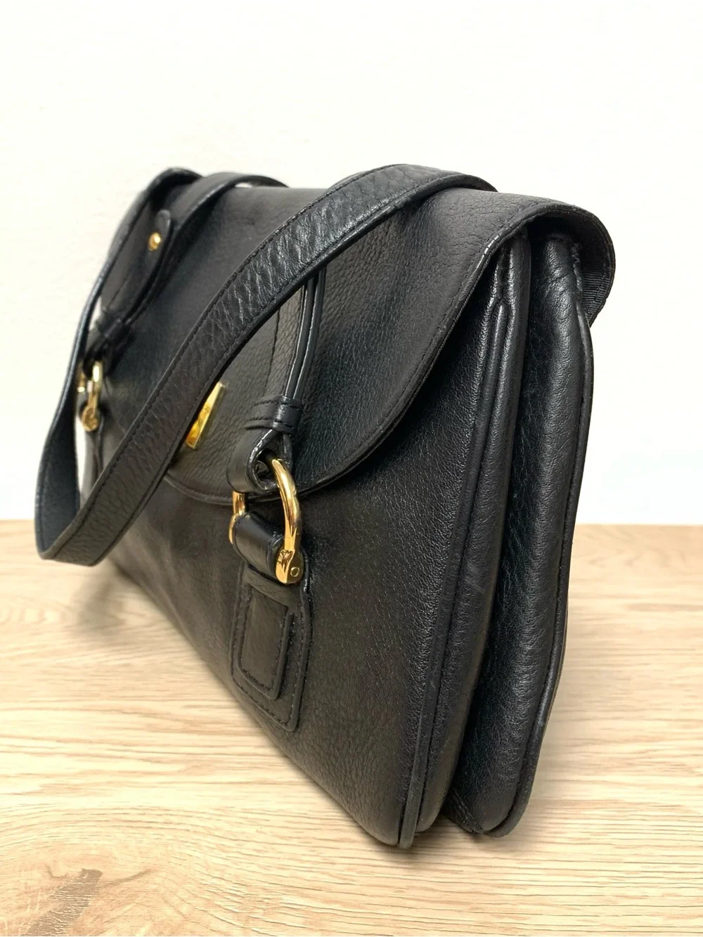 Kate Landry Leather Shoulder Bag Black Gold Hardware Harness Straps Medium